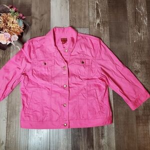 CHAPS Pink Barbiecore Denim Jean Jacket 3/4 Sleeves Women's Size XL EUC